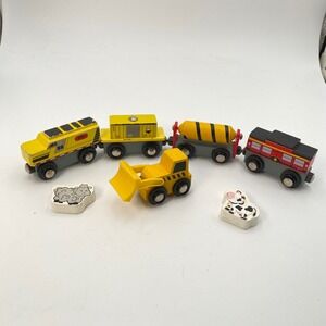 Wooden Magnetic Train Set with Construction Vehicles and Farm Animals 7pc Lot